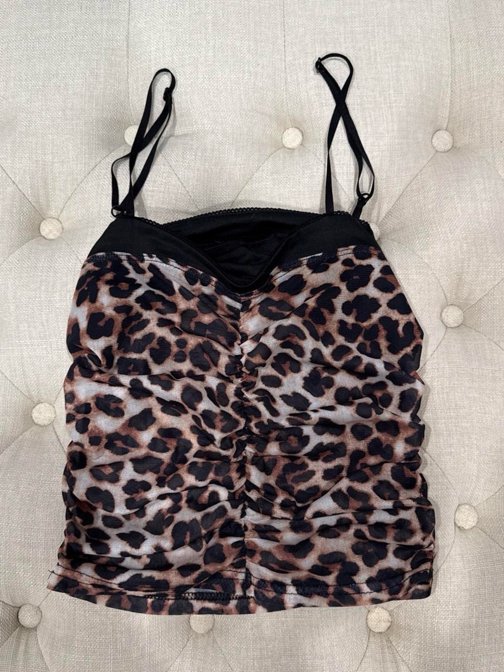 Leopard Ruched Cami Tank Top - Black & Brown